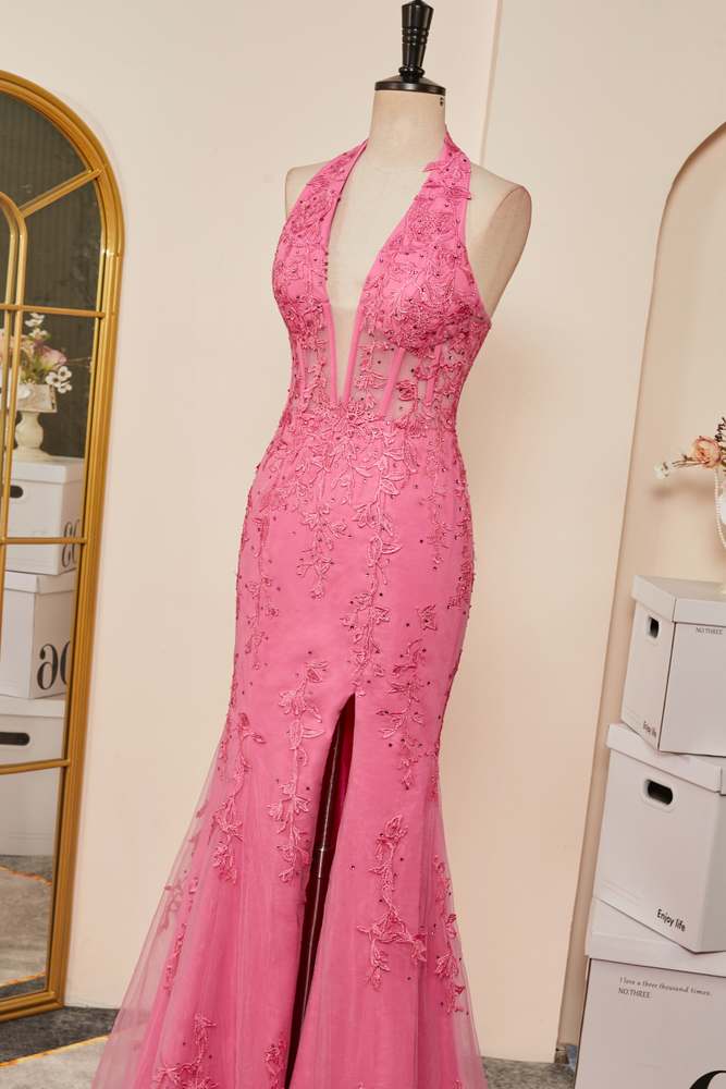 Prom Dresses Designers, Pink Plunging Halter Appliques Mermaid Long Prom Dress with Slit