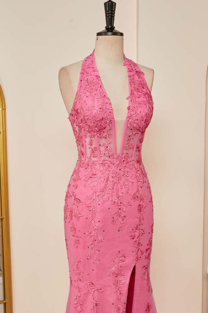 Prom Dresses Designs, Pink Plunging Halter Appliques Mermaid Long Prom Dress with Slit
