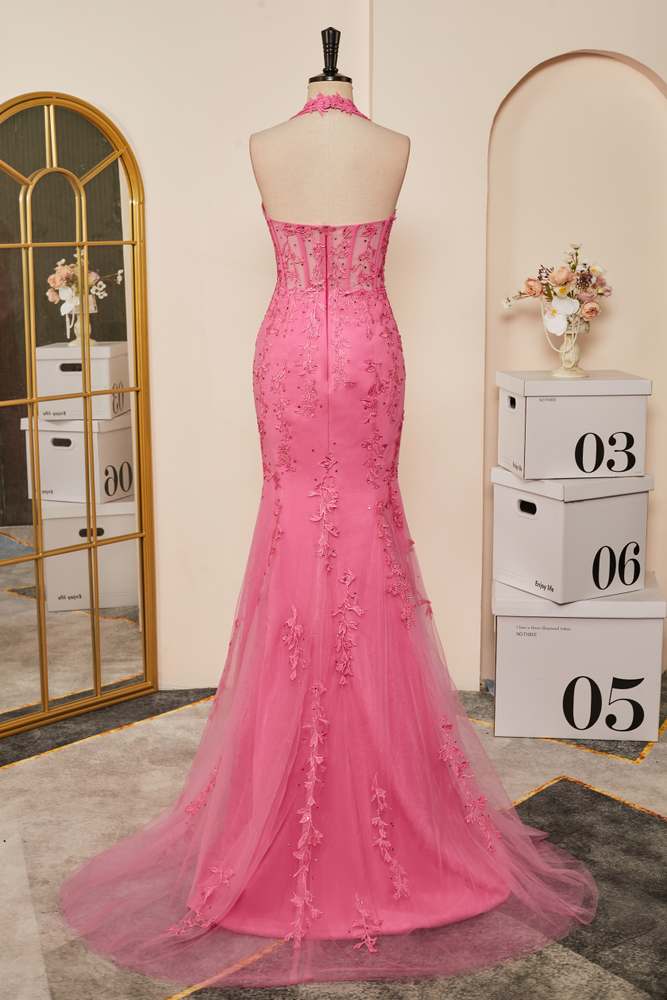 Prom Dress Design, Pink Plunging Halter Appliques Mermaid Long Prom Dress with Slit Main image