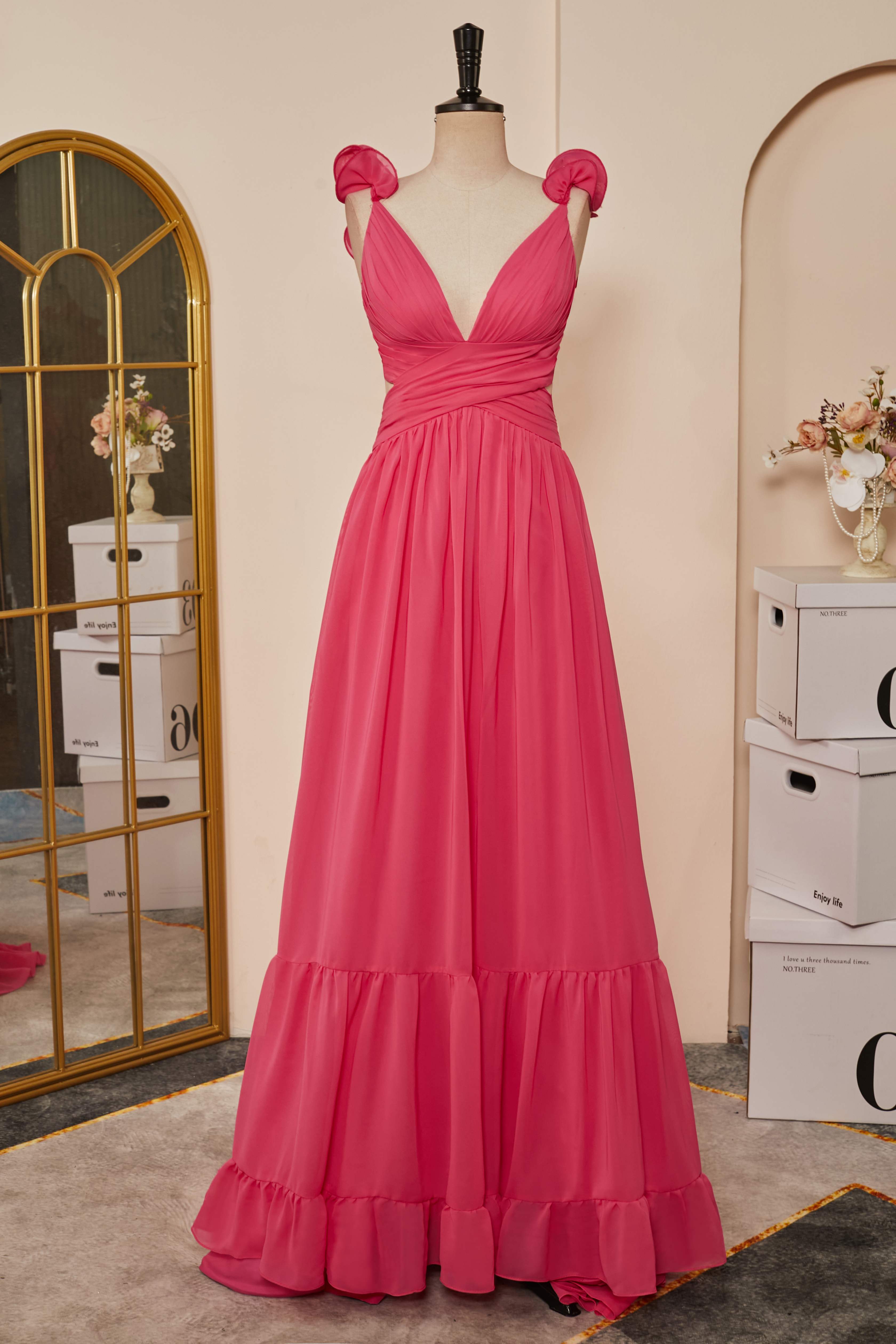 Evening Dresses Prom, Rose Pink Ruffle Shoulder Plunging V Neck A-line Lace-Up Long Prom Dress