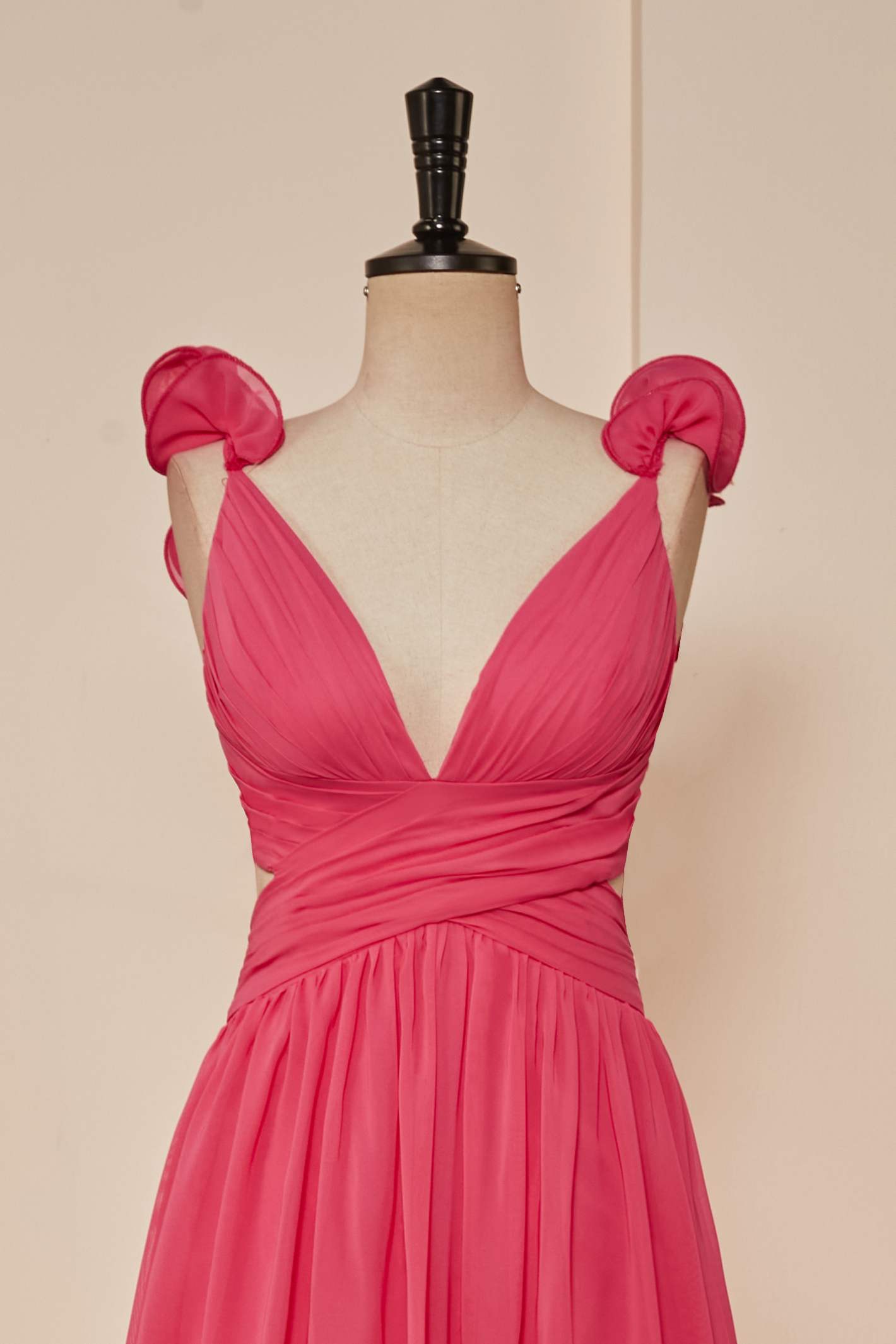 Evening Dress Black, Rose Pink Ruffle Shoulder Plunging V Neck A-line Lace-Up Long Prom Dress Main image