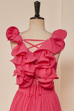 Evening Dress Prom, Rose Pink Ruffle Shoulder Plunging V Neck A-line Lace-Up Long Prom Dress