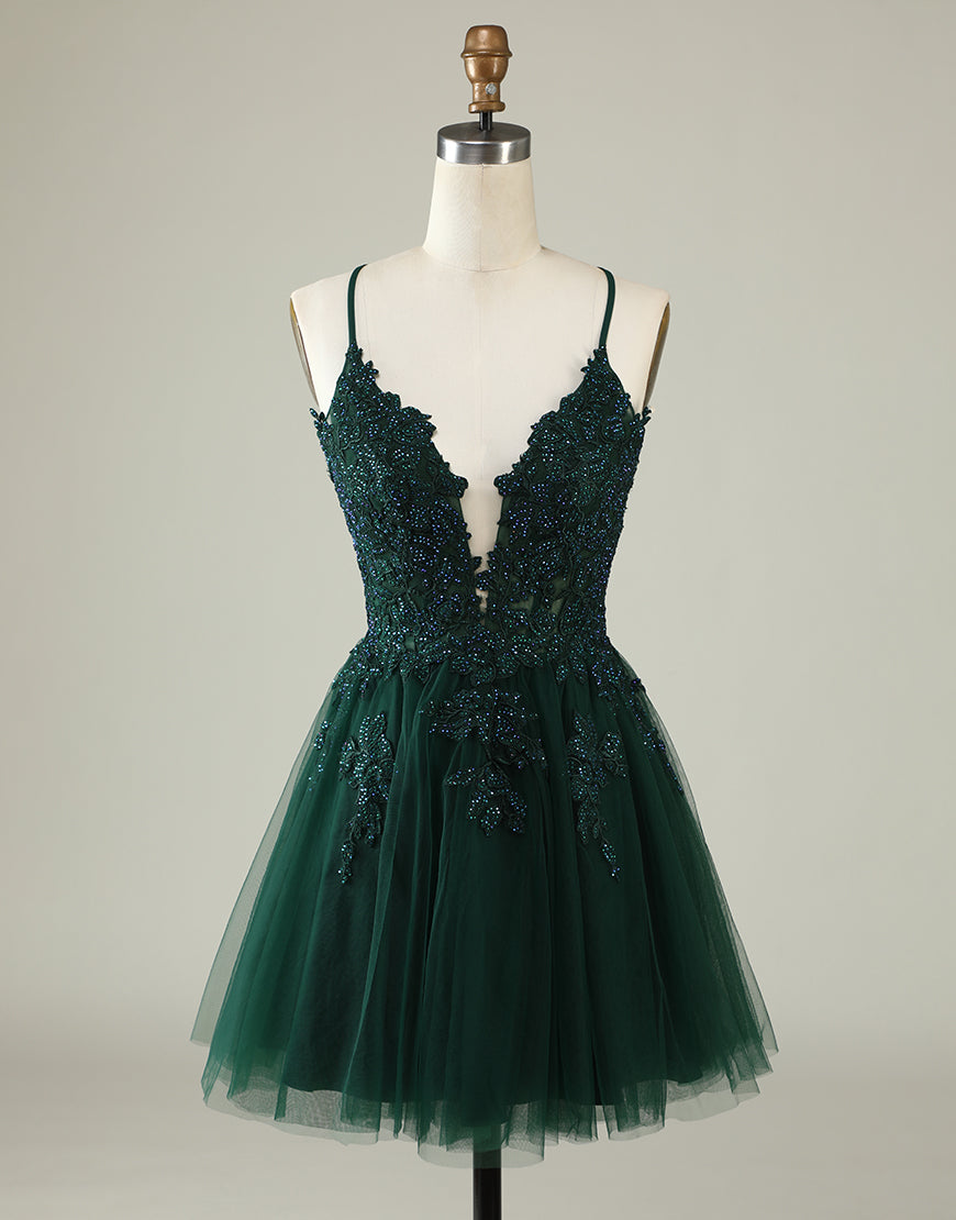 Formal Attire, A-Line Spaghetti Straps Corset Back Tulle Dress With Appliques