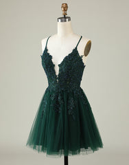 Glam Dress, A-Line Spaghetti Straps Corset Back Tulle Dress With Appliques