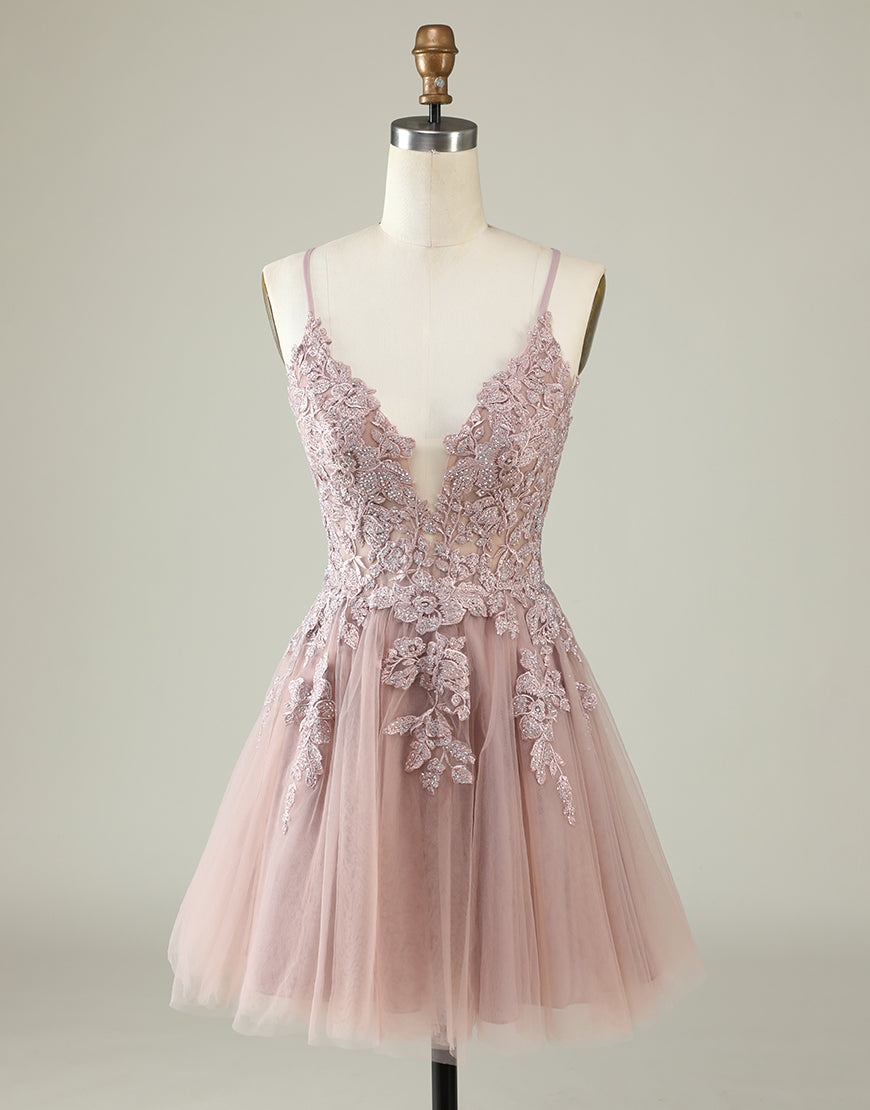 Wedding Inspo, Light Purple Spaghetti Straps Short Homecoming Dress With Appliques