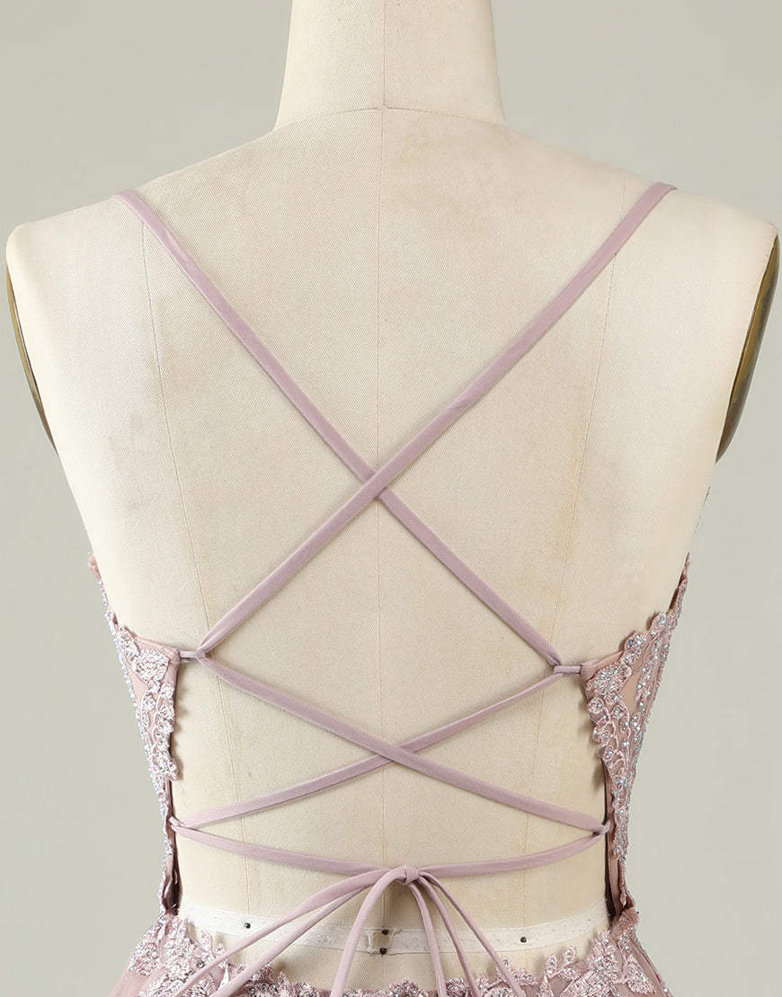 Strapless Prom Dress, A-Line Spaghetti Straps Corset Back Tulle Dress With Appliques