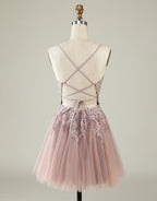 Bridesmaid Dress Dusty Rose, Light Purple Spaghetti Straps Short Homecoming Dress With Appliques