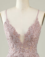 Boho Wedding, Light Purple Spaghetti Straps Short Homecoming Dress With Appliques
