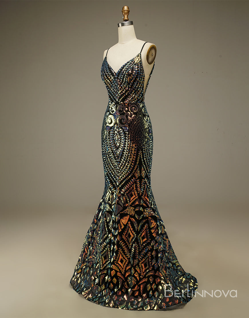 Bridesmaid Dresses Long Sleeve, Mermaid Glitter Spaghetti Straps V Neck Long Prom Dress