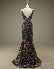 Bridesmaids Dresses Long Sleeves, Mermaid Glitter Spaghetti Straps V Neck Long Prom Dress