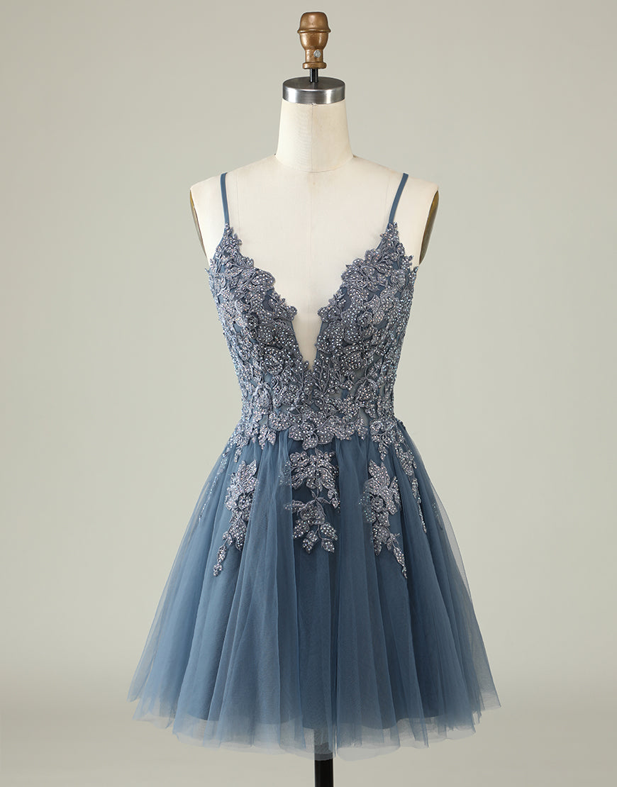 Bride Dress, Grey Blue Corset Back Tulle Homecoming Dress With Appliques