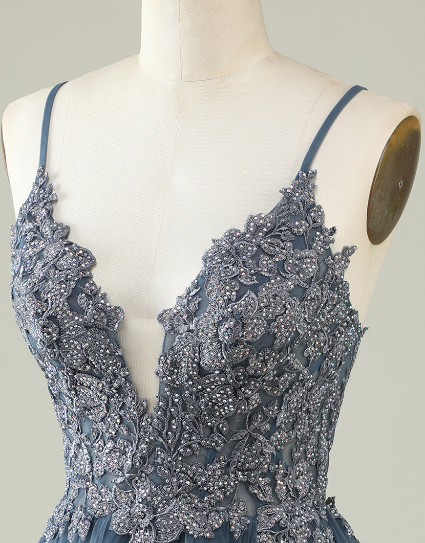 Sun Dress, A-Line Spaghetti Straps Corset Back Tulle Dress With Appliques