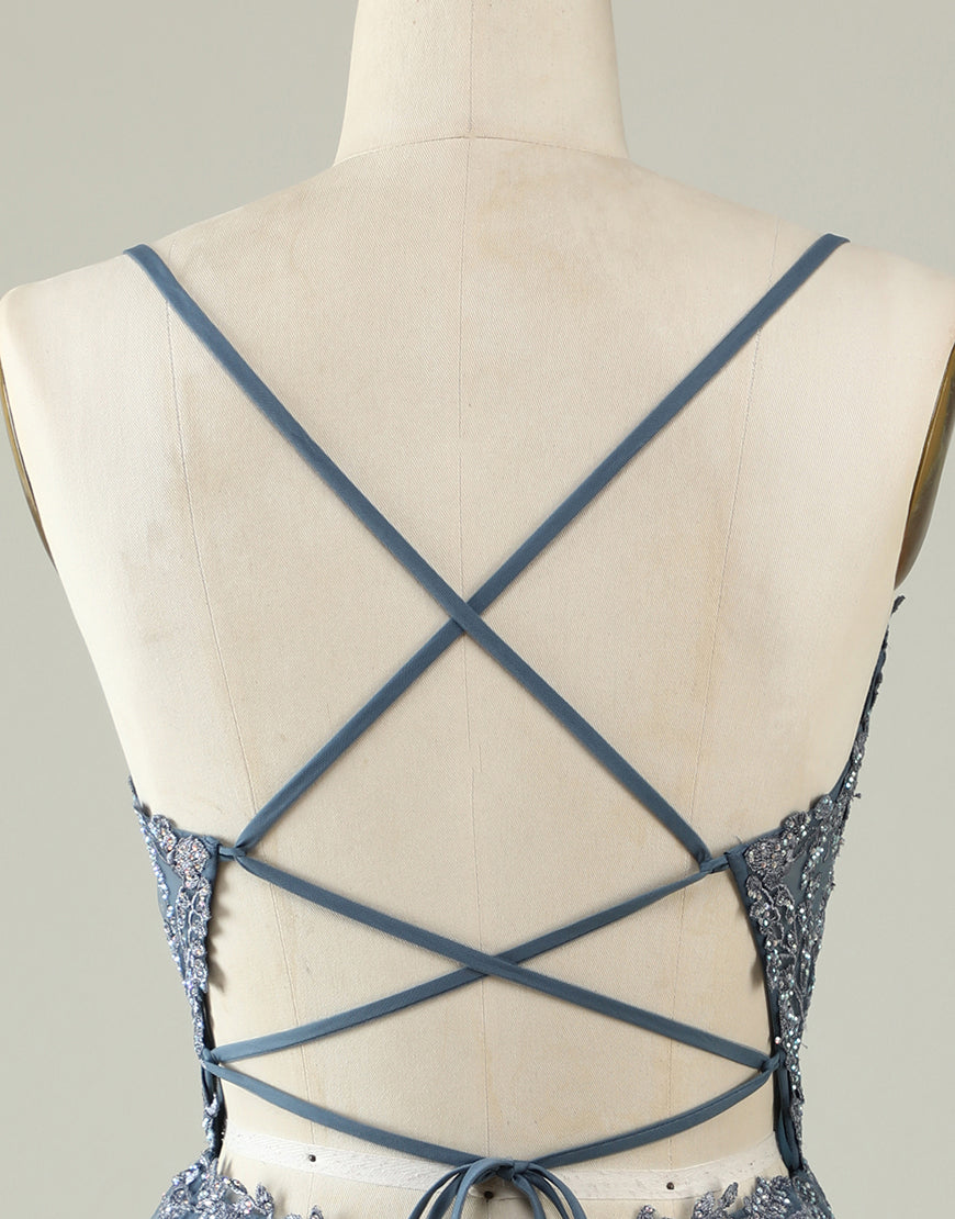 Bachelorette Party, Grey Blue Corset Back Tulle Homecoming Dress With Appliques