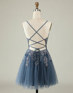 Sage Green Bridesmaid Dress, Grey Blue Corset Back Tulle Homecoming Dress With Appliques