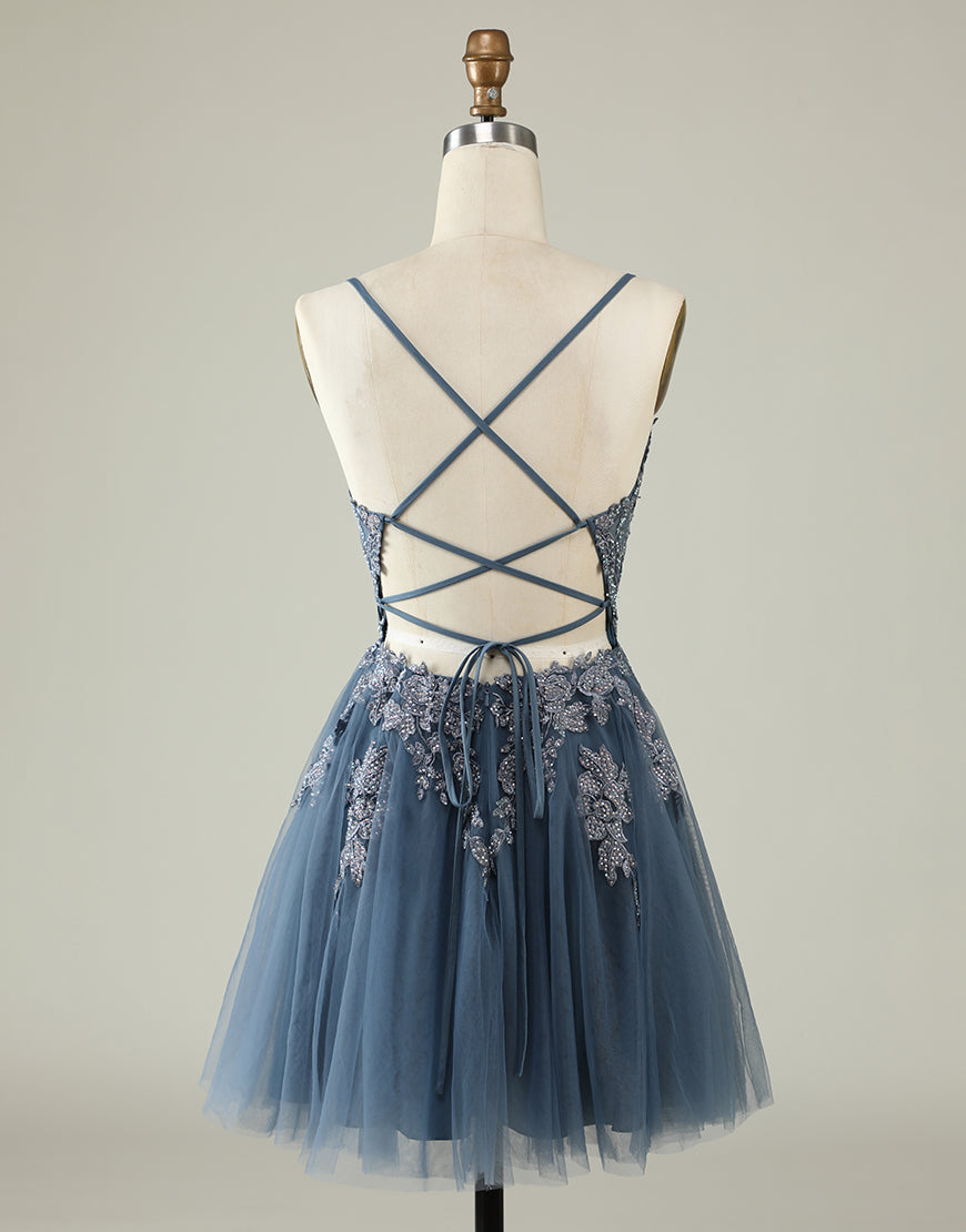 Sage Green Bridesmaid Dress, Grey Blue Corset Back Tulle Homecoming Dress With Appliques