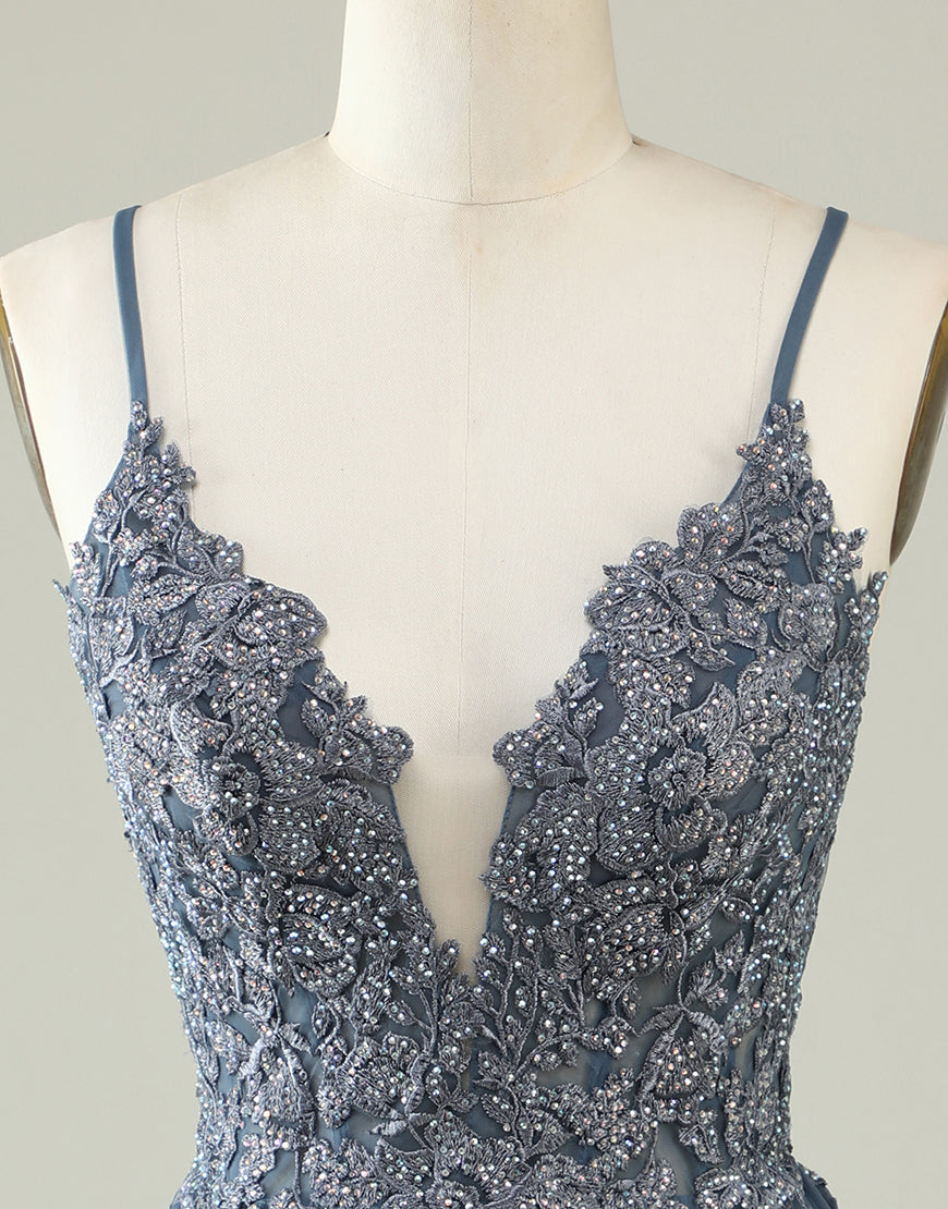 Small Wedding Ideas, Grey Blue Corset Back Tulle Homecoming Dress With Appliques