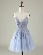 Summer Wedding Color, Grey Blue Corset Back Tulle Homecoming Dress With Appliques