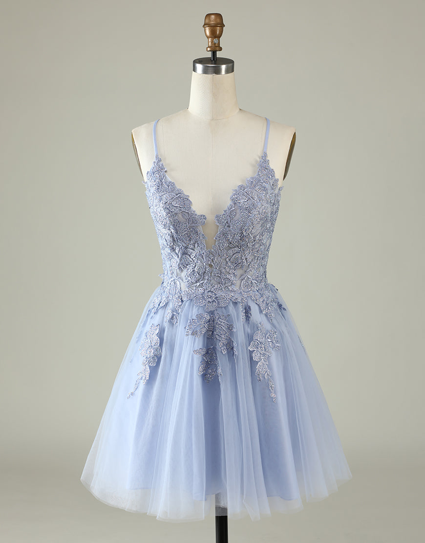 Summer Wedding Color, Grey Blue Corset Back Tulle Homecoming Dress With Appliques