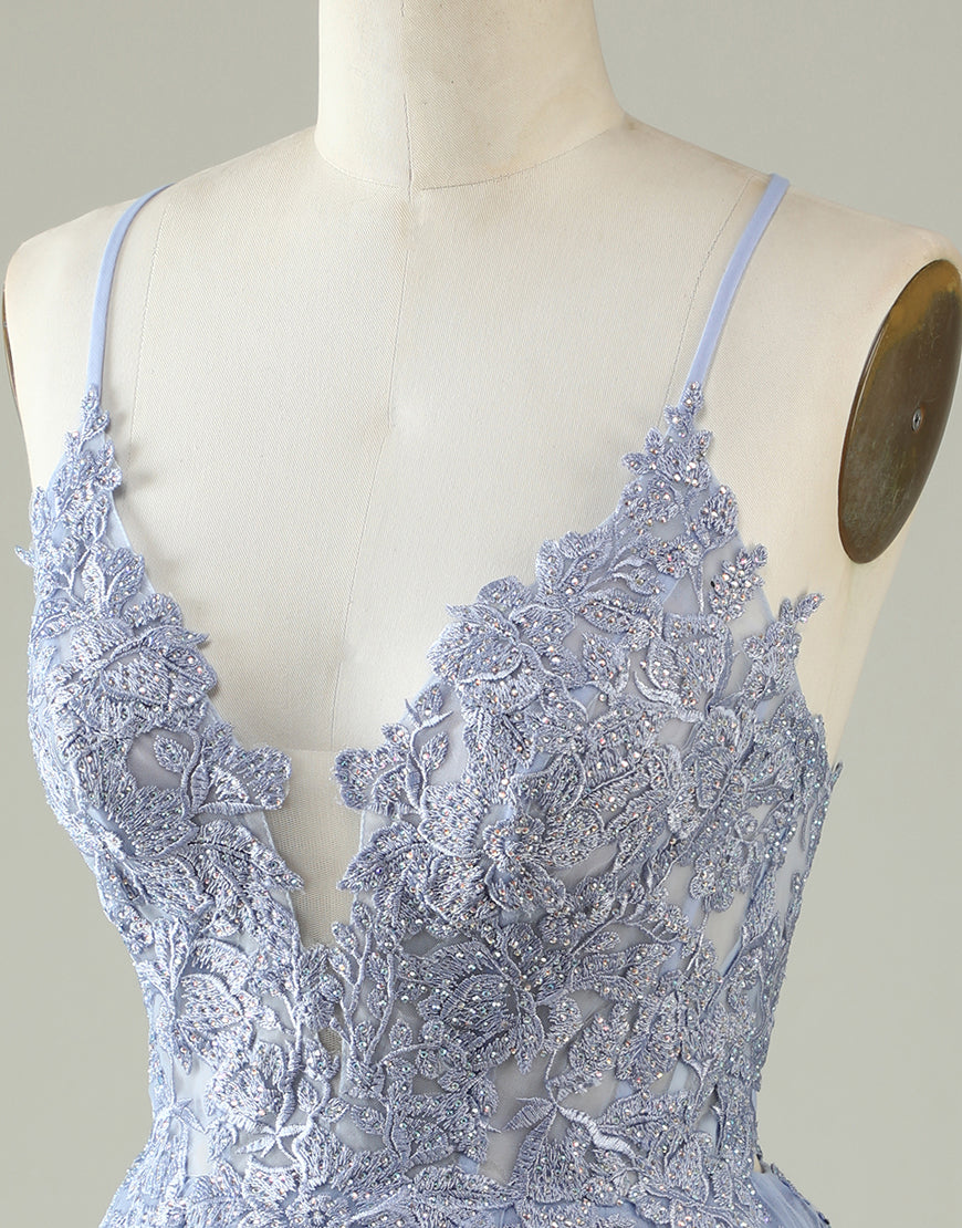 Bridesmaid Dress Mauve, Grey Blue Corset Back Tulle Homecoming Dress With Appliques