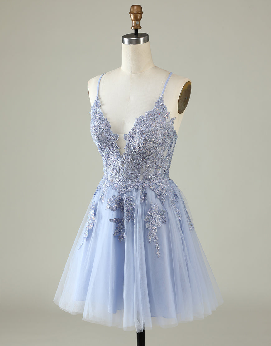 Lace Dress, A-Line Spaghetti Straps Corset Back Tulle Dress With Appliques