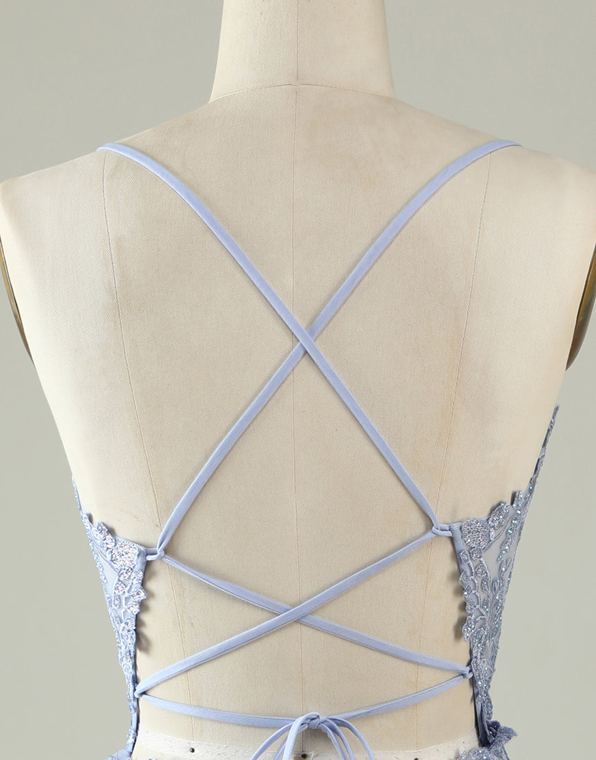 Party Dress High Neck, A-Line Spaghetti Straps Corset Back Tulle Dress With Appliques