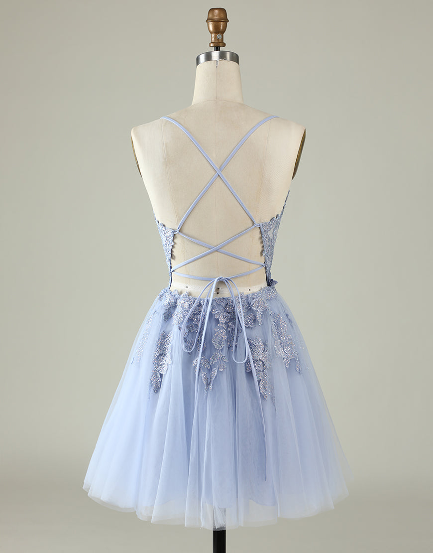 Corset Prom Dress, A-Line Spaghetti Straps Corset Back Tulle Dress With Appliques