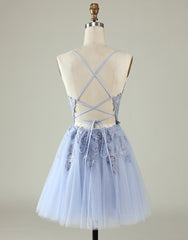 Wedding Flower, Light Purple Spaghetti Straps Short Homecoming Dress With Appliques