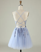 Flower Girl, Grey Blue Corset Back Tulle Homecoming Dress With Appliques