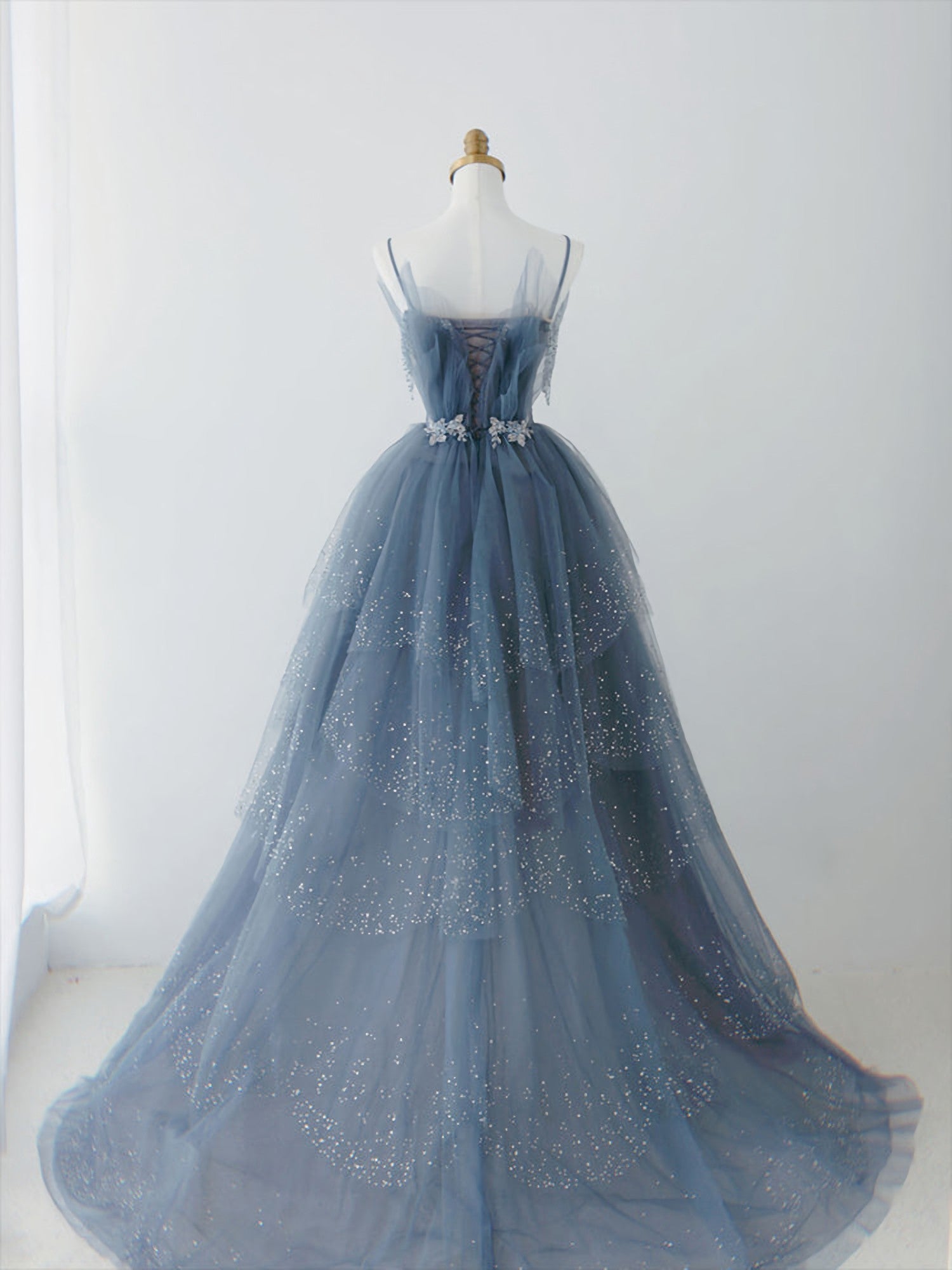 Party Dress Modest, Blue Shiny Tulle Layers Straps Beaded Long Prom Dress, A Line Chic Evening Dress Main image