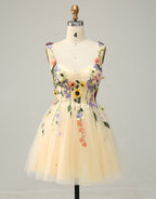 Bridesmaids Dresses White, Pretty A-Line Tulle Homecoming Dress With Embroidery Flowers