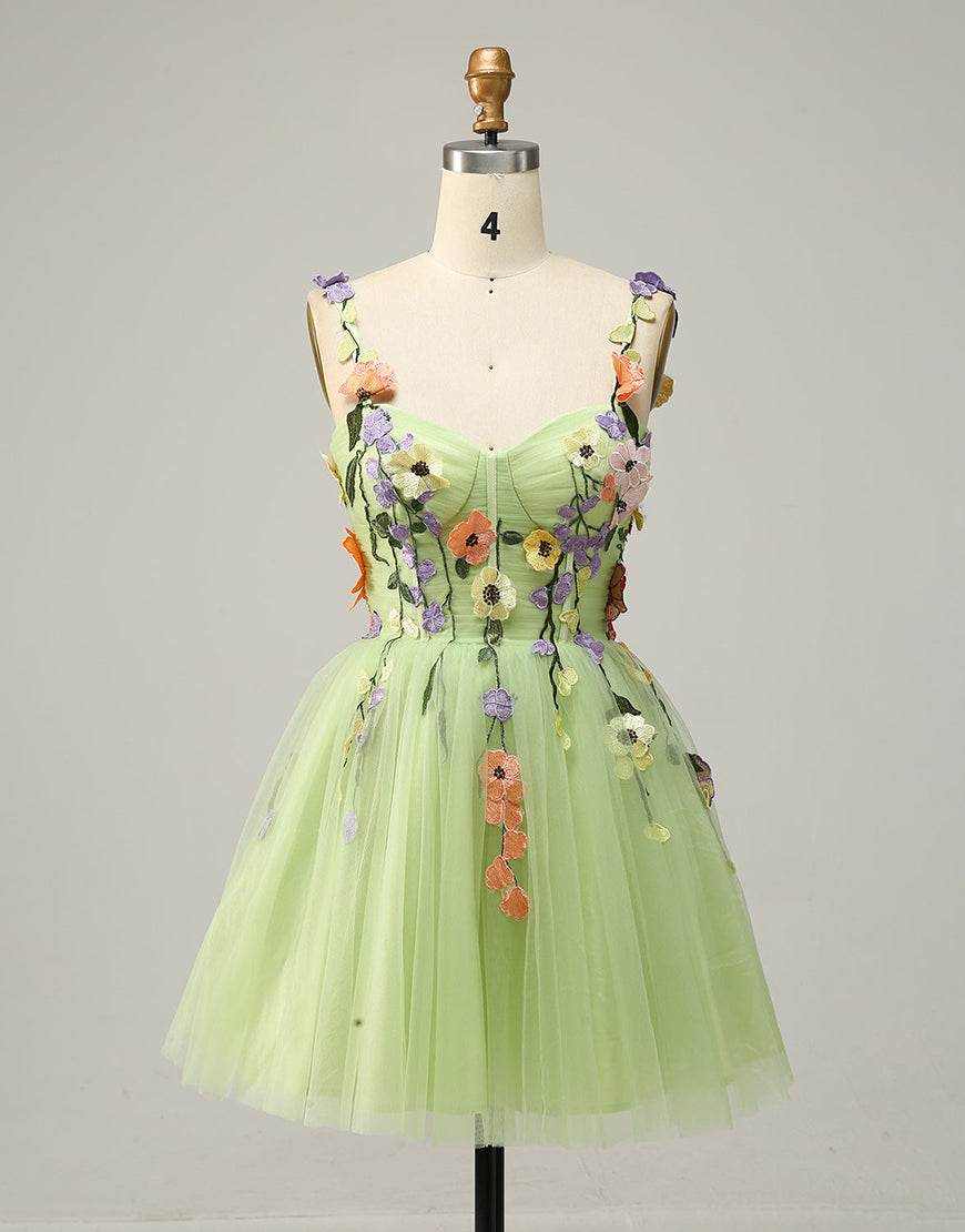 Bridesmaid Dress White, Pretty A-Line Tulle Homecoming Dress With Embroidery Flowers