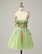 Bridesmaid Dress White, Pretty A-Line Tulle Homecoming Dress With Embroidery Flowers