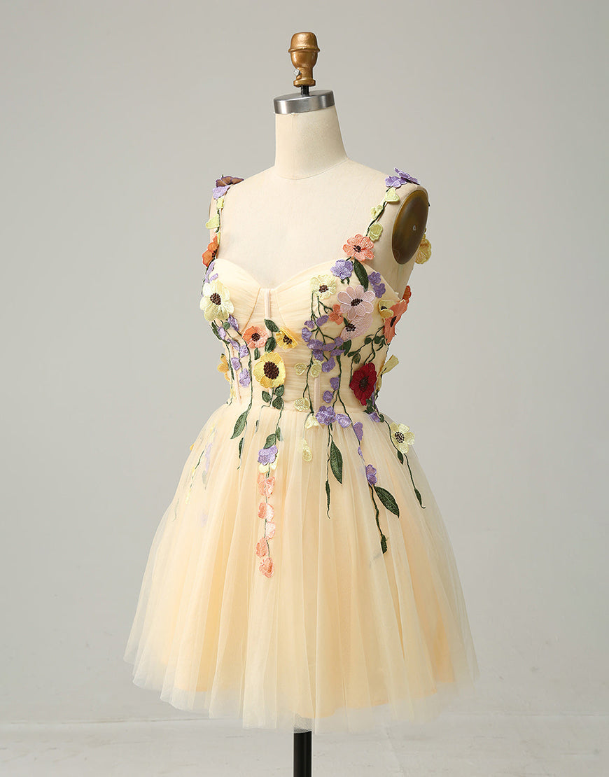 Bridesmaid Dresses Mismatched Summer, Pretty A-Line Tulle Homecoming Dress With Embroidery Flowers