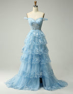 Bridesmaid Dresses Designs, Romantic A-Line Off The Shoulder Tiered Prom Dress With Split