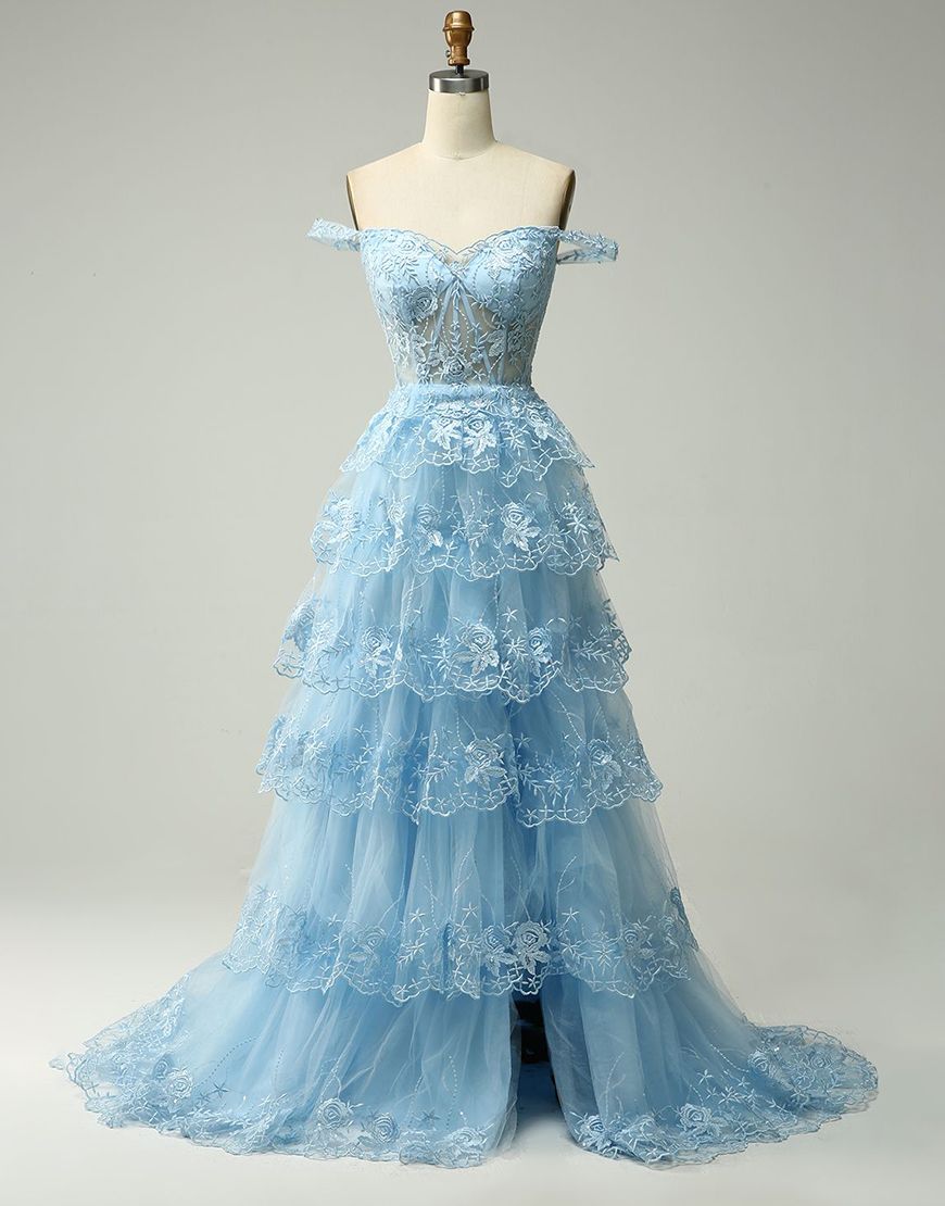 Bridesmaid Dresses Designs, Romantic A-Line Off The Shoulder Tiered Prom Dress With Split
