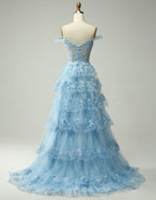 Bridesmaids Dresses Cheap, Romantic A-Line Off The Shoulder Tiered Prom Dress With Split