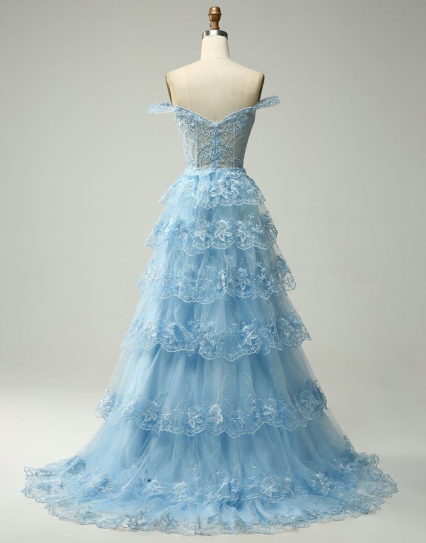 Bridesmaids Dresses Champagne, Princess A-Line Off The Shoulder Tiered Prom Dress With Appliques