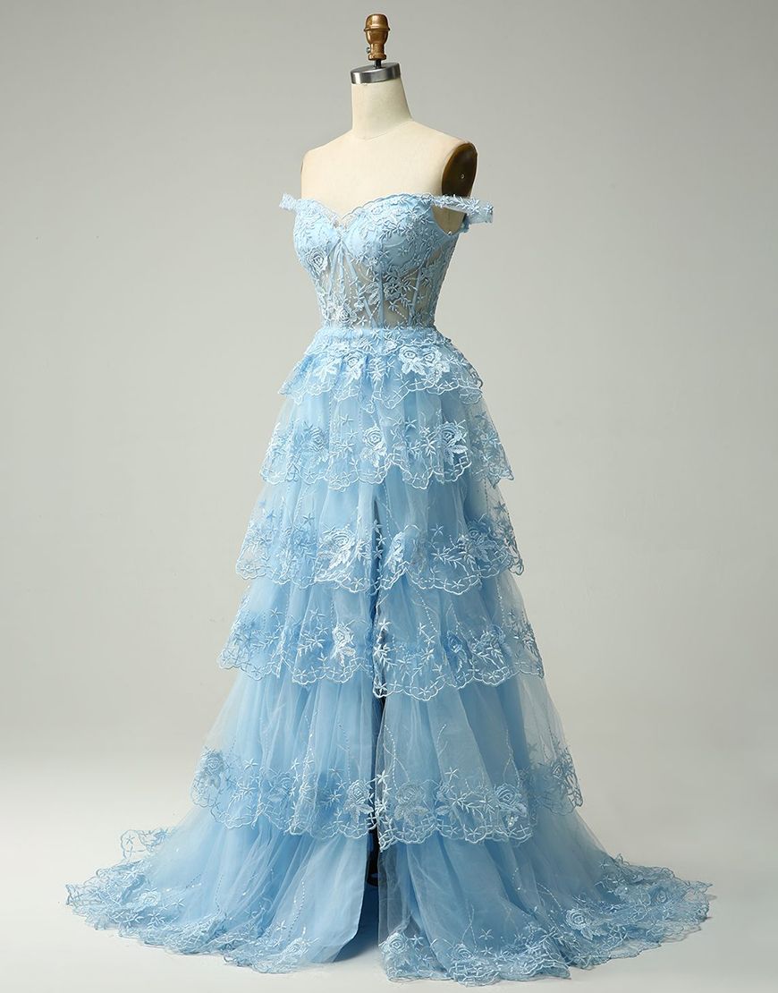 Bridesmaids Dress Champagne, Princess A-Line Off The Shoulder Tiered Prom Dress With Appliques