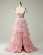 Bridesmaid Dress Neutral, Princess A-Line Off The Shoulder Tiered Prom Dress With Appliques