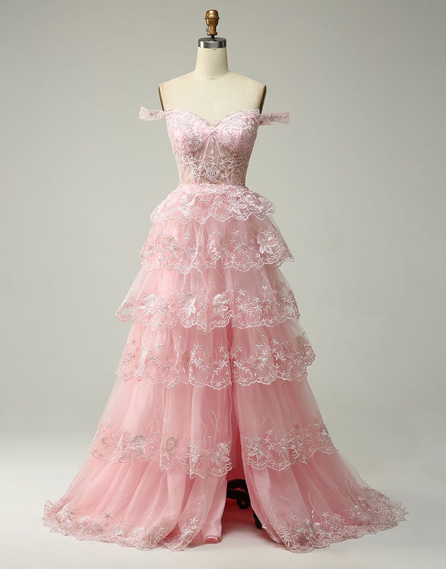 Bridesmaid Dress Neutral, Princess A-Line Off The Shoulder Tiered Prom Dress With Appliques