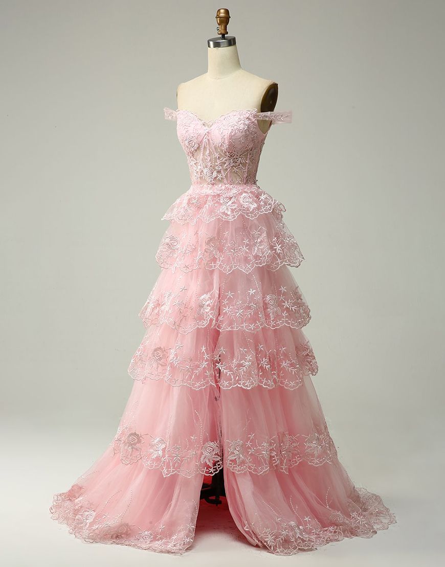 Bridesmaids Dress Designs, Romantic A-Line Off The Shoulder Tiered Prom Dress With Split