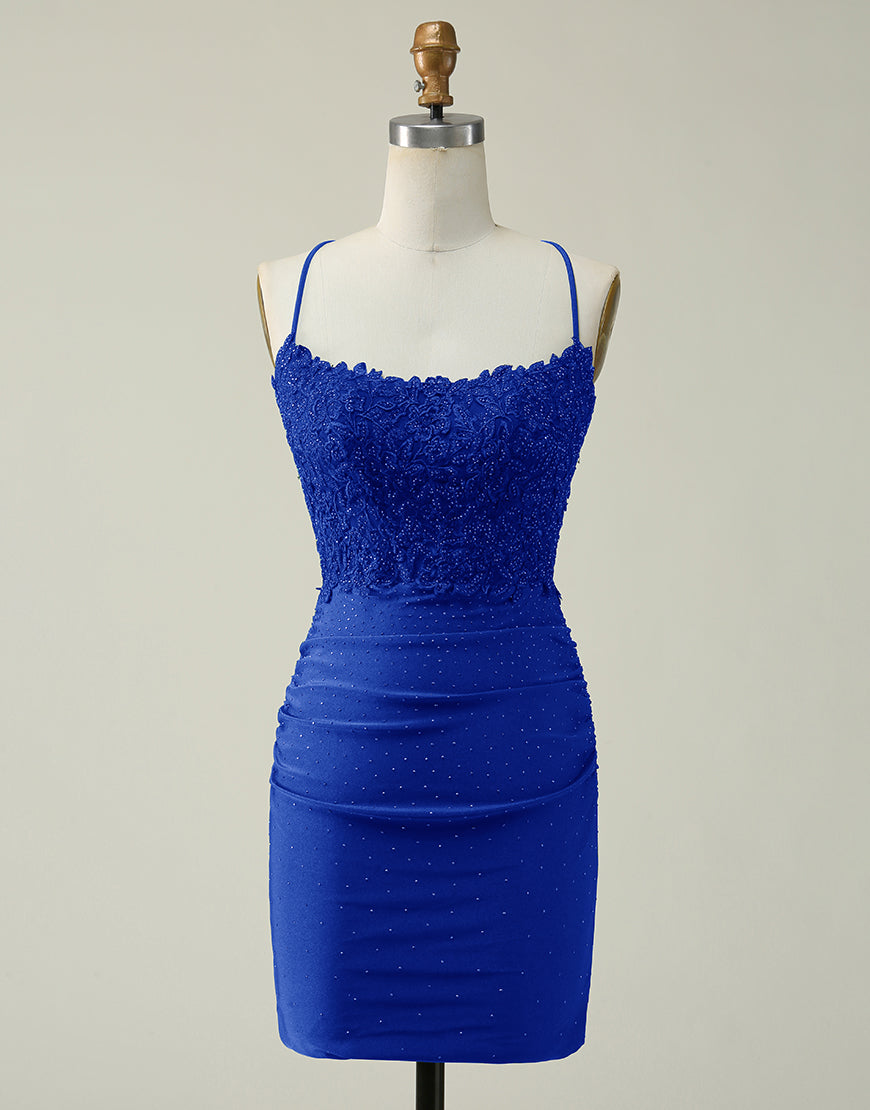 Bridesmaides Dresses Summer, Royal Blue Lace Top Spaghetti Straps Body Homecoming Dress