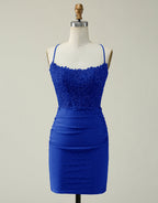 Bridesmaides Dresses Summer, Royal Blue Lace Top Spaghetti Straps Body Homecoming Dress