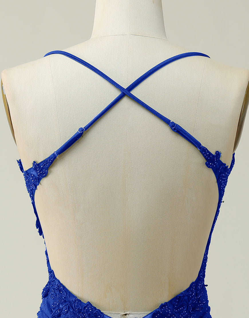 Bridesmaid Dresses Near Me, Royal Blue Lace Top Spaghetti Straps Body Homecoming Dress