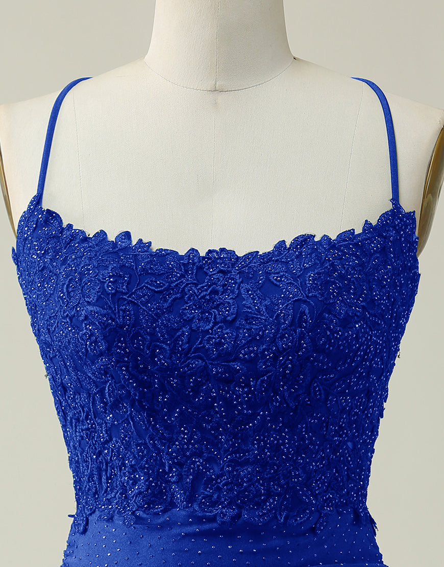 Bridesmaid Dressing Gowns, Royal Blue Lace Top Spaghetti Straps Body Homecoming Dress Main image
