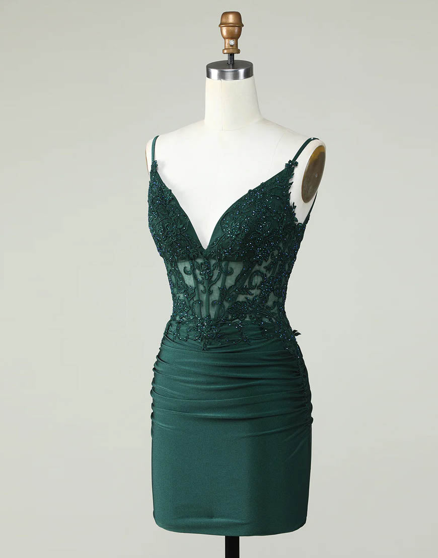 Bridesmaids Dresses Formal, Spaghetti Straps Dark Green Short Tight Homecoming Party Dress