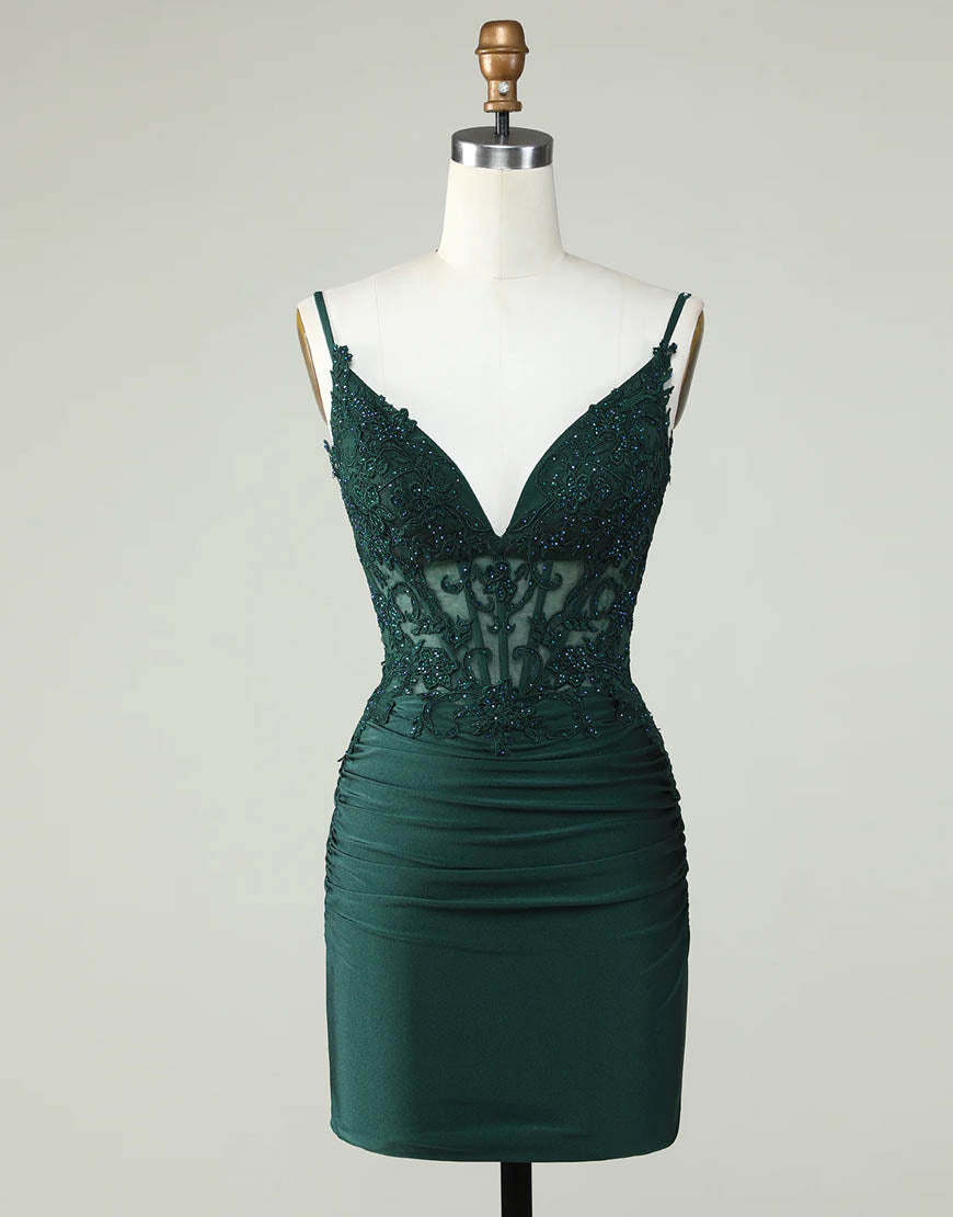 Bridesmaid Dresses Under 113, Spaghetti Straps Dark Green Short Tight Homecoming Party Dress