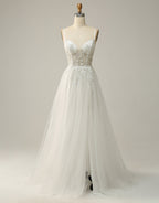 Prom Dress Long Blue, White A-Line Spaghetti Straps Long Prom Dress With Beading