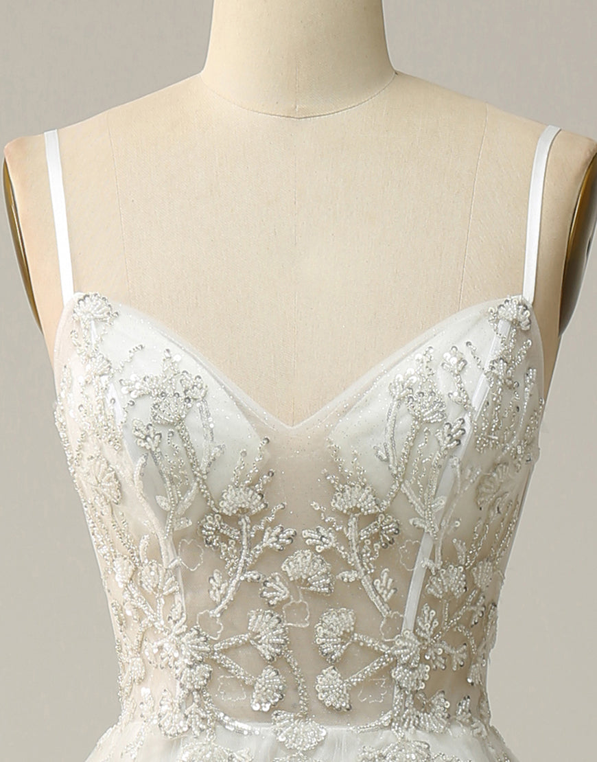 Prom Dress With Pocket, White A-Line Spaghetti Straps Long Prom Dress With Beading Main image