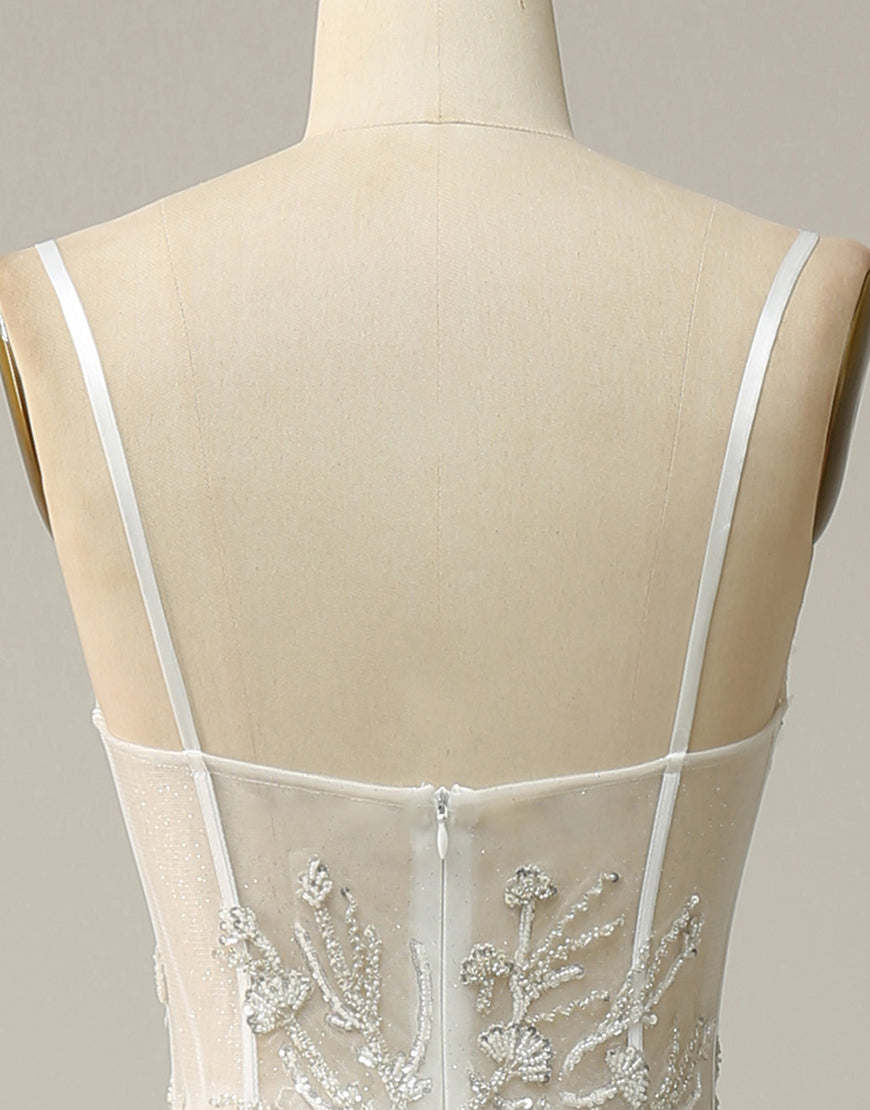 Prom Dresses Long Blue, White A-Line Spaghetti Straps Long Prom Dress With Beading